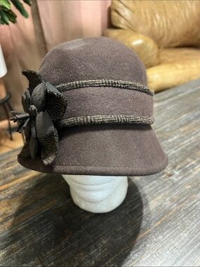 Scala Dark Brown Wool Cloche Hat with Flower Trim